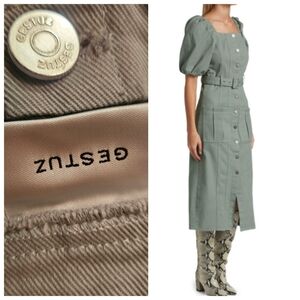 Nwot Gestuz belliogz Slate Sage Green Button Up Utility Midi Dress 4 (Fr 36)